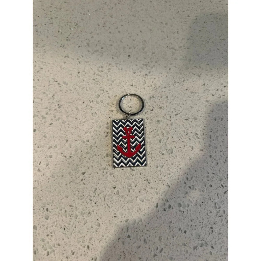 Disney Cruise Line Keychain:  Metal Red Mickey Anchor chevron‎ white & blue sd